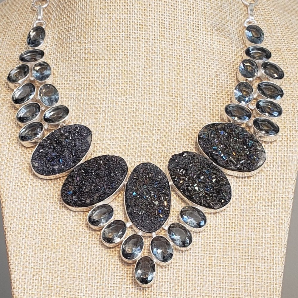 Titanium Druzy necklace, 925 silver druzy multi gemstone statement necklace